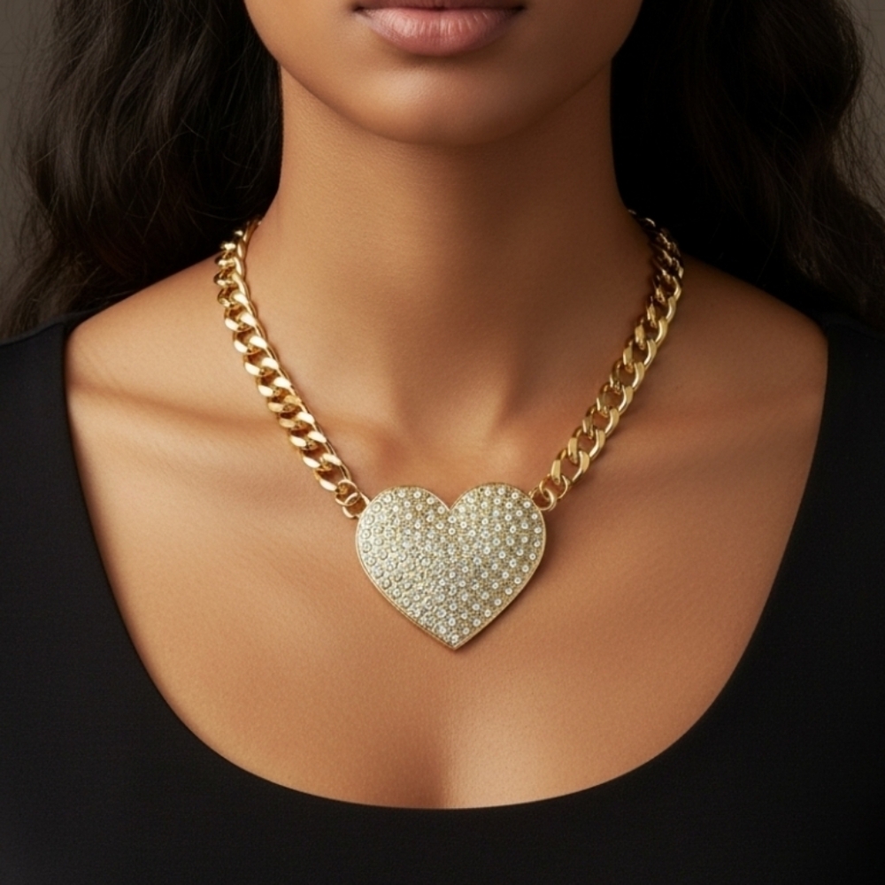 NEW Chunky Link Chain Necklace Dazzle Heart